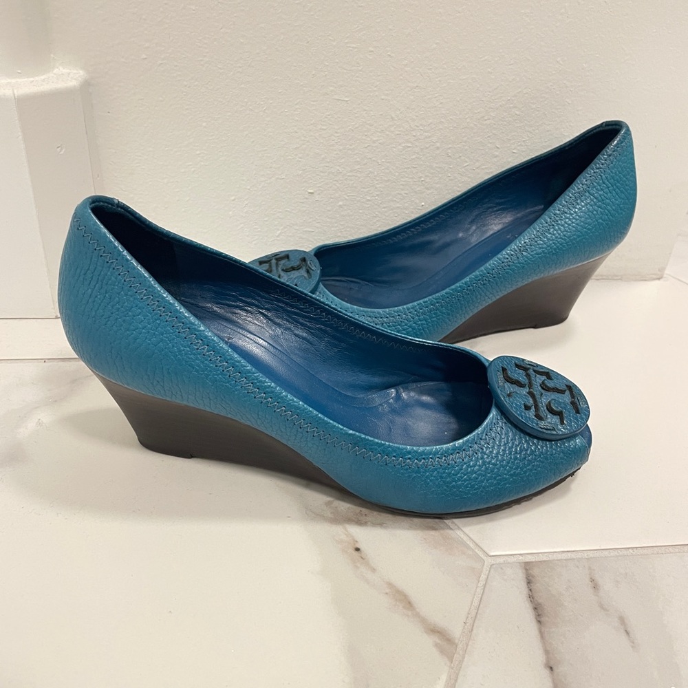 Tory Burch Heels Sall2 Peep Toe Wood Wedge Pump Teal Leather Shoes Size 7.5